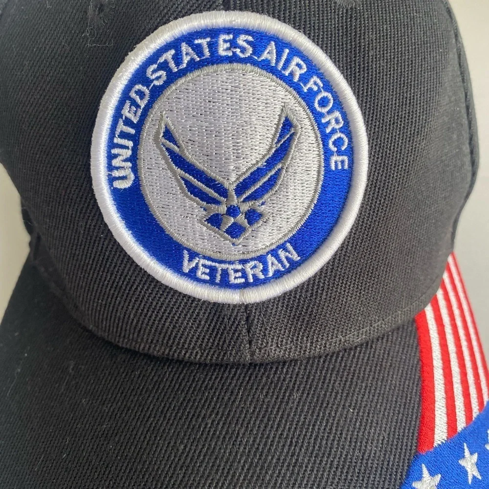 US Air Force Veteran Cap Hat Black Military USA Red White Blue‎ Flag Adjustable